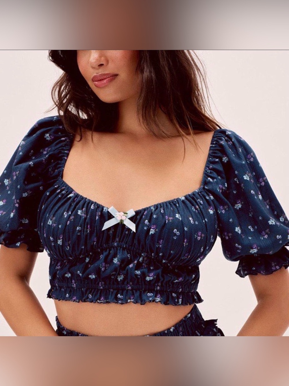 For Love And Lemons Lola Pointelle blue floral cropped ruffle top Sz L
